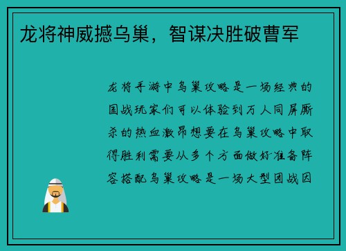 龙将神威撼乌巢，智谋决胜破曹军