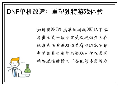 DNF单机改造：重塑独特游戏体验