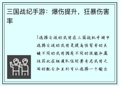 三国战纪手游：爆伤提升，狂暴伤害率