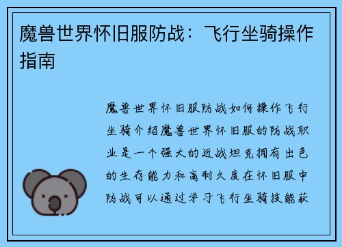 魔兽世界怀旧服防战：飞行坐骑操作指南